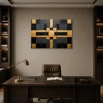 Symmetric Gilded Grid Black & Gold Wall Art Canvas Print displayed in a contemporary gallery-inspired room