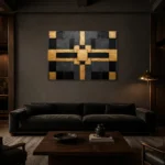Symmetric Gilded Grid Black & Gold Wall Art Canvas Print shown in a warm modern interior