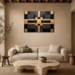 Symmetric Gilded Grid Black & Gold Wall Art Canvas Print presented in a sophisticated home setting
