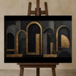 Gilded Archways Black & Gold Wall Art Canvas Print displayed on a studio easel