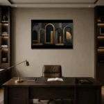 Gilded Archways Black & Gold Wall Art Canvas Print displayed in a contemporary gallery-inspired room