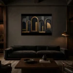 Gilded Archways Black & Gold Wall Art Canvas Print shown in a warm modern interior