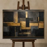 Gilded Mosaic Blocks Black & Gold Wall Art Canvas Print displayed on a studio easel