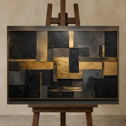 Gilded Mosaic Blocks Black & Gold Wall Art Canvas Print shown in Studio Easel
