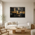 Gilded Mosaic Blocks Black & Gold Wall Art Canvas Print styled in a refined neutral interior