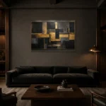 Gilded Mosaic Blocks Black & Gold Wall Art Canvas Print shown in a warm modern interior