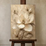 Golden Ivory Blossom Magnolia Wall Art Canvas Print displayed on a studio easel
