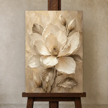 Golden Ivory Blossom Magnolia Wall Art Canvas Print shown in Studio Easel