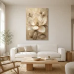 Golden Ivory Blossom Magnolia Wall Art Canvas Print styled in a refined neutral interior