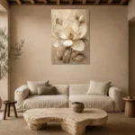 Golden Ivory Blossom Magnolia Wall Art Canvas Print presented in a sophisticated home setting