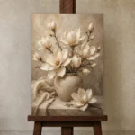 Vase of Ivory Magnolias Magnolia Wall Art Canvas Print displayed on a studio easel