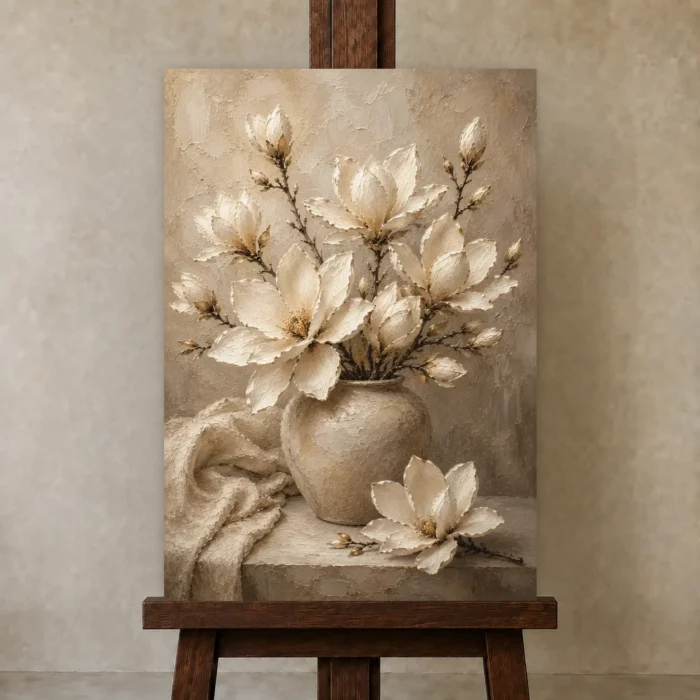 Vase of Ivory Magnolias Magnolia Wall Art Canvas Print displayed on a studio easel