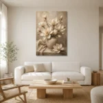 Vase of Ivory Magnolias Magnolia Wall Art Canvas Print styled in a refined neutral interior