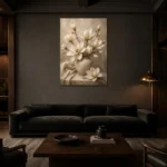 Vase of Ivory Magnolias Magnolia Wall Art Canvas Print shown in a warm modern interior