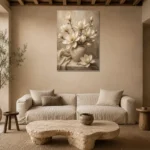 Vase of Ivory Magnolias Magnolia Wall Art Canvas Print presented in a sophisticated home setting