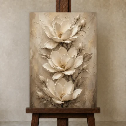 Three Ivory Blossoms Magnolia Wall Art Canvas Print shown in Studio Easel