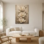 Three Ivory Blossoms Magnolia Wall Art Canvas Print styled in a refined neutral interior