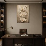 Three Ivory Blossoms Magnolia Wall Art Canvas Print displayed in a contemporary gallery-inspired room
