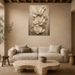 Three Ivory Blossoms Magnolia Wall Art Canvas Print presented in a sophisticated home setting