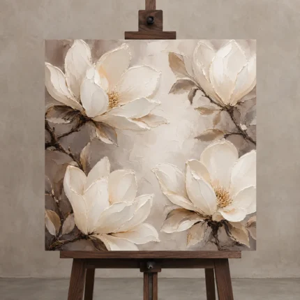 Four Ivory Blossoms Magnolia Wall Art Canvas Print shown in Studio Easel