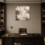 Four Ivory Blossoms Magnolia Wall Art Canvas Print displayed in a contemporary gallery-inspired room