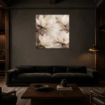 Four Ivory Blossoms Magnolia Wall Art Canvas Print shown in a warm modern interior