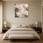 Four Ivory Blossoms Magnolia Wall Art Canvas Print showcased in an elegant minimalist interior