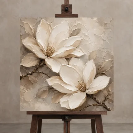 Twin Ivory Blooms Magnolia Wall Art Canvas Print displayed on a studio easel