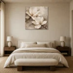Twin Ivory Blooms Magnolia Wall Art Canvas Print showcased in an elegant minimalist interior