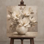 Ivory Magnolia Vase Magnolia Wall Art Canvas Print displayed on a studio easel
