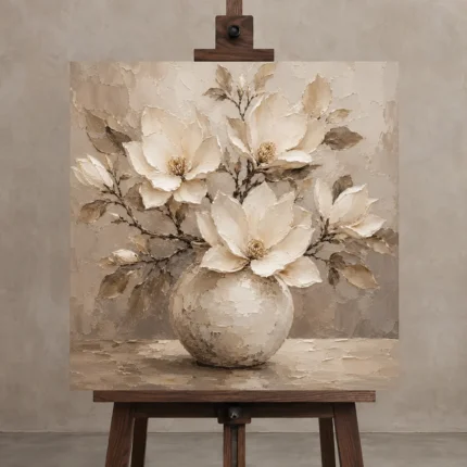 Ivory Magnolia Vase Magnolia Wall Art Canvas Print displayed on a studio easel