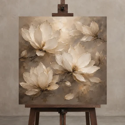 Floating Ivory Blossoms Magnolia Wall Art Canvas Print shown in Studio Easel