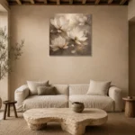Floating Ivory Blossoms Magnolia Wall Art Canvas Print presented in a sophisticated home setting