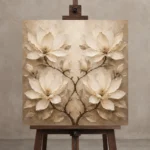 Symmetrical Ivory Magnolias Magnolia Wall Art Canvas Print displayed on a studio easel