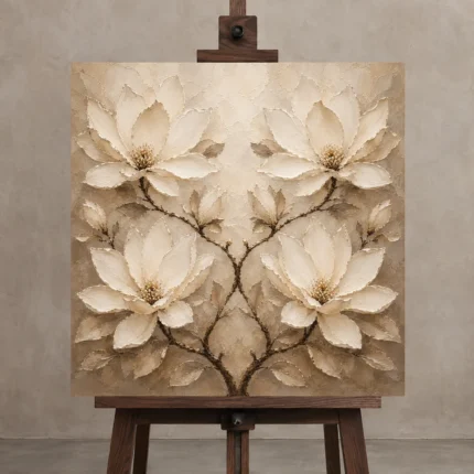 Symmetrical Ivory Magnolias Magnolia Wall Art Canvas Print displayed on a studio easel