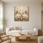 Symmetrical Ivory Magnolias Magnolia Wall Art Canvas Print styled in a refined neutral interior