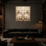 Symmetrical Ivory Magnolias Magnolia Wall Art Canvas Print shown in a warm modern interior