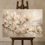 Lakeside Magnolia Branch Magnolia Wall Art Canvas Print displayed on a studio easel