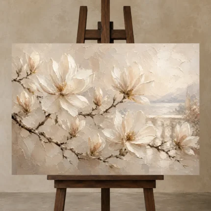 Lakeside Magnolia Branch Magnolia Wall Art Canvas Print displayed on a studio easel