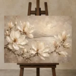 Coastal Magnolia Branch Magnolia Wall Art Canvas Print displayed on a studio easel
