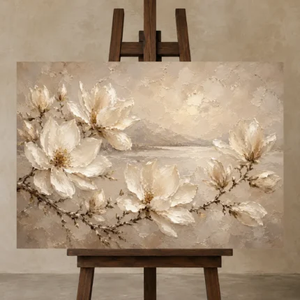 Coastal Magnolia Branch Magnolia Wall Art Canvas Print shown in Studio Easel