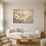 Coastal Magnolia Branch Magnolia Wall Art Canvas Print styled in a refined neutral interior