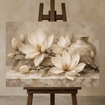 Magnolia Vase Still Life Magnolia Wall Art Canvas Print displayed on a studio easel