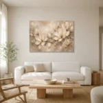 Branching Ivory Magnolias Magnolia Wall Art Canvas Print styled in a refined neutral interior