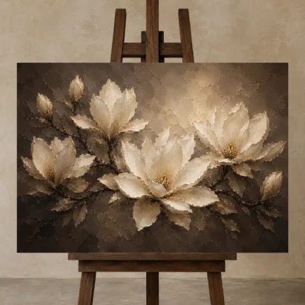 Shadowed Ivory Magnolias Magnolia Wall Art Canvas Print displayed on a studio easel