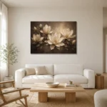 Shadowed Ivory Magnolias Magnolia Wall Art Canvas Print styled in a refined neutral interior