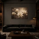 Shadowed Ivory Magnolias Magnolia Wall Art Canvas Print shown in a warm modern interior
