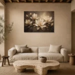 Shadowed Ivory Magnolias Magnolia Wall Art Canvas Print presented in a sophisticated home setting