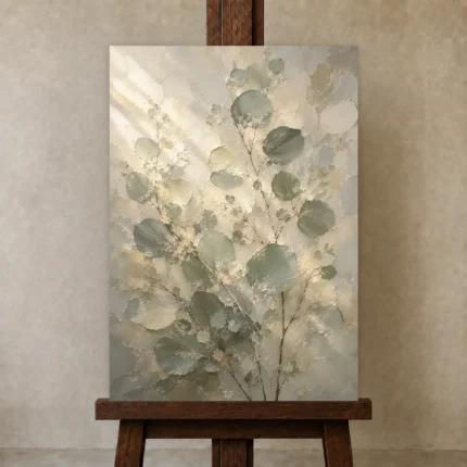 Sunlit Sage Eucalyptus Wall Art Canvas Print shown in Studio Easel