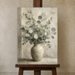 Ceramic Vase Eucalyptus Wall Art Canvas Print displayed on a studio easel